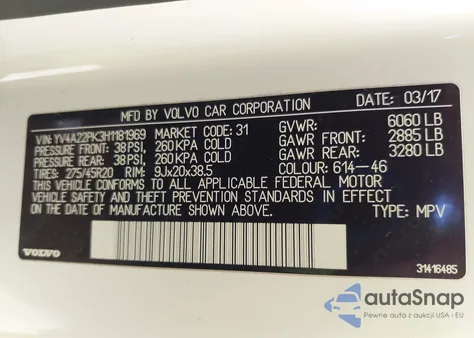 2017 Volvo Xc90 T6 Momentum из США, поврежденный, VIN YV4A22PK3H1181969